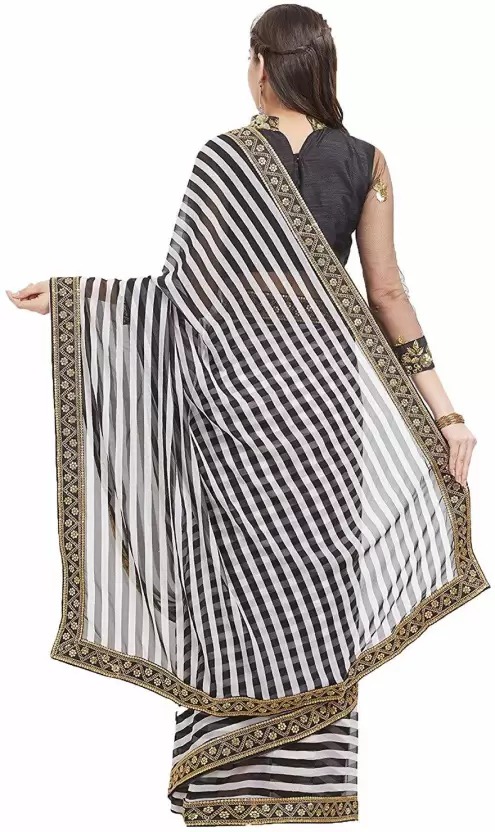 Zibra Sarees New Georgette Silk Black & White Color Lace Work Printed Saree Bangalore Silk With Blouse Piece For Women